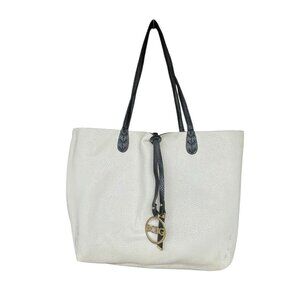 BCBG Cream Black Pebbled Faux Leather Tote Bag Reversible Charm Shoulder Purse